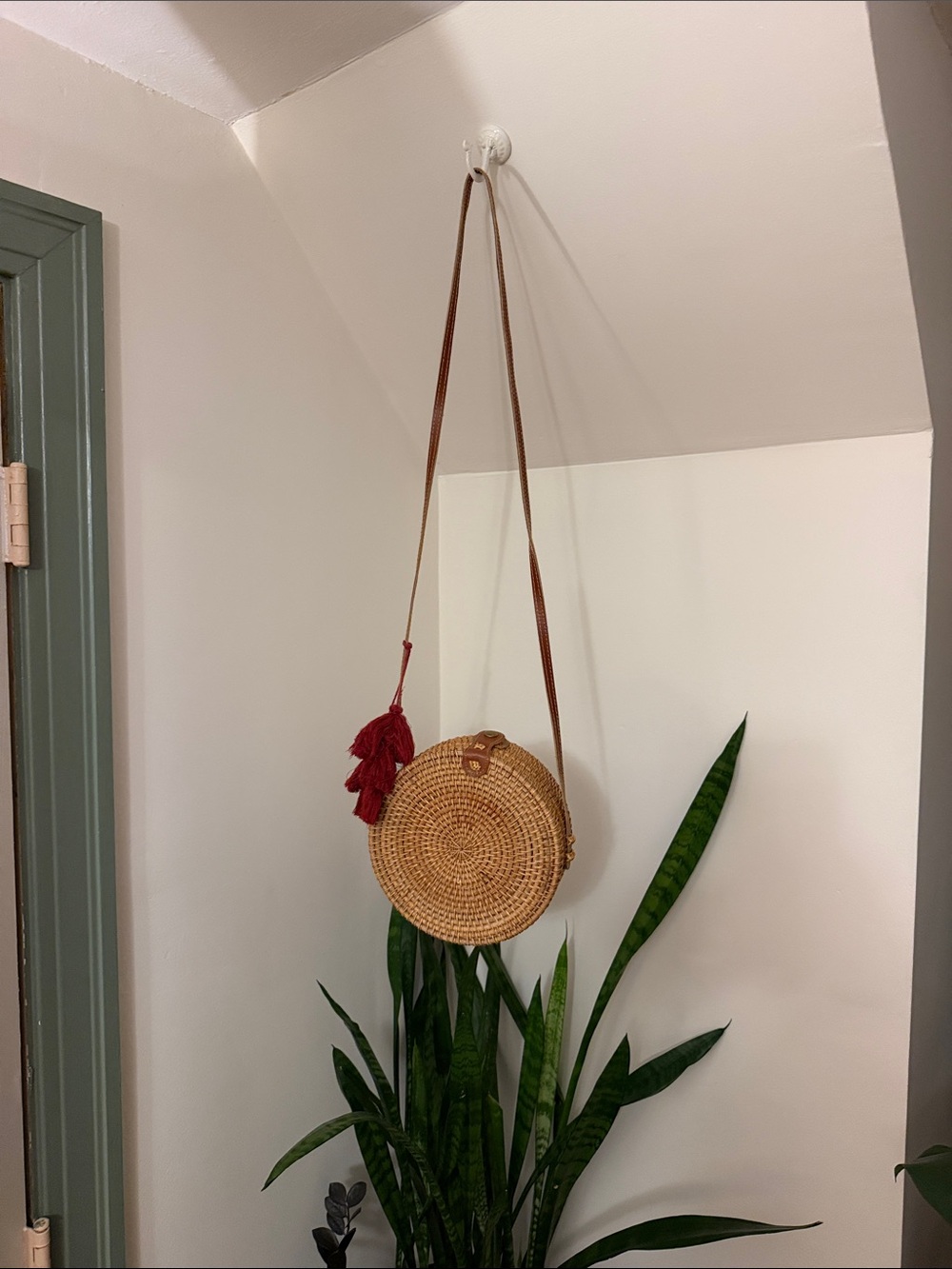 Round Woven Straw Crossbody Bag with Red Tassel